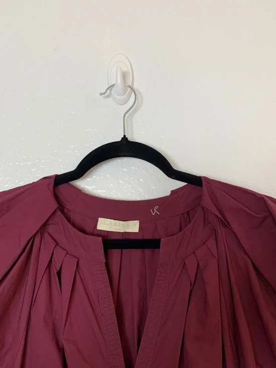 Ulla Johnson Olina Puff-Sleeve Tiered Cotton Poplin Dress Womens 8 Burgundy Boho - Picture 3 of 15